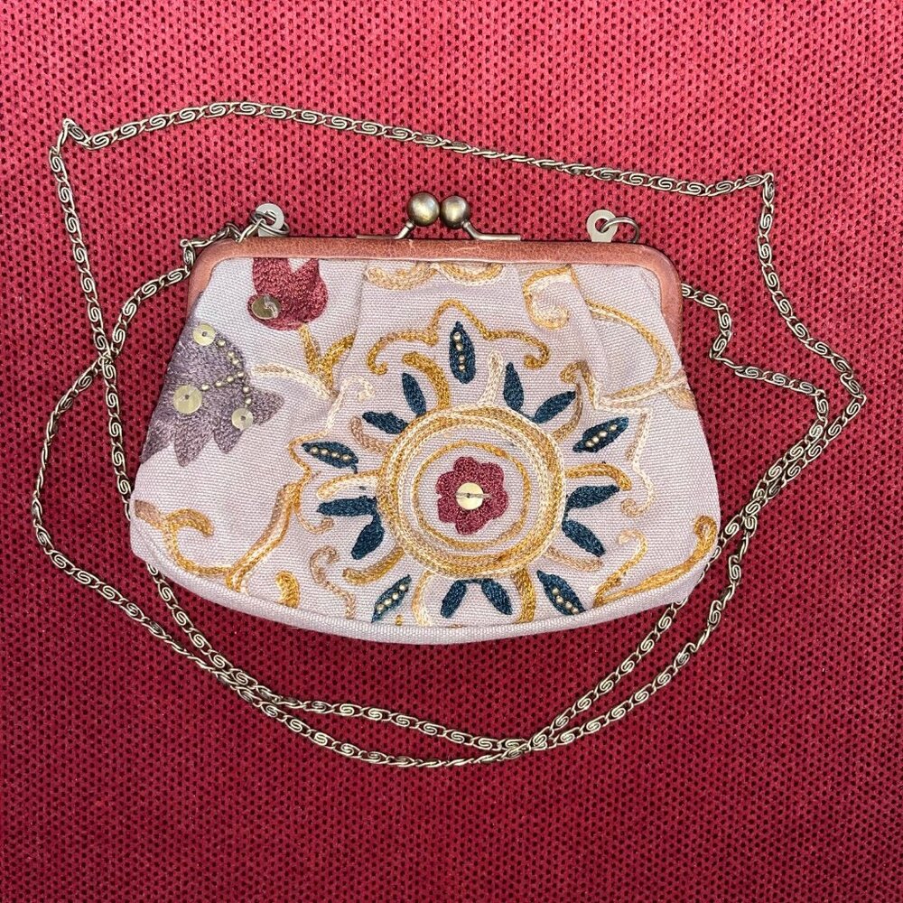FOSSIL Crewel Frame Mini Multicolor Kisslock Clutch Canvas Crossbody Purse - Picture 4 of 16